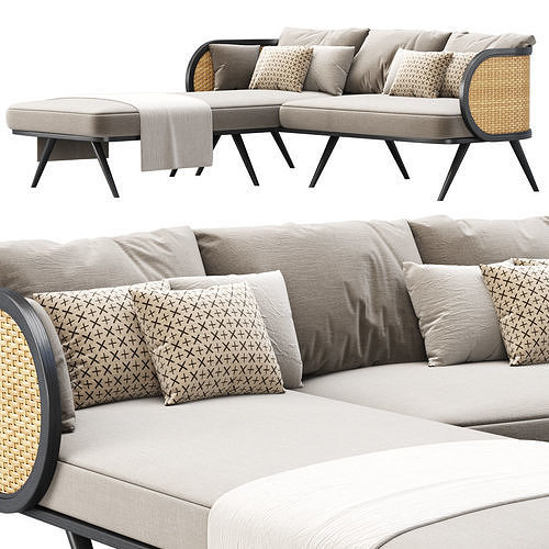 Victoria wooden rattan sofa BA70 with chaise lounge  3D model