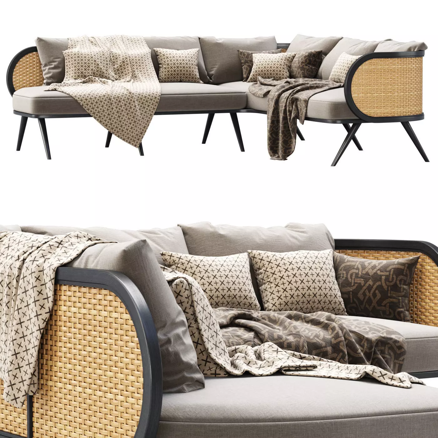 Victoria wooden rattan corner sofa BA70 3D model