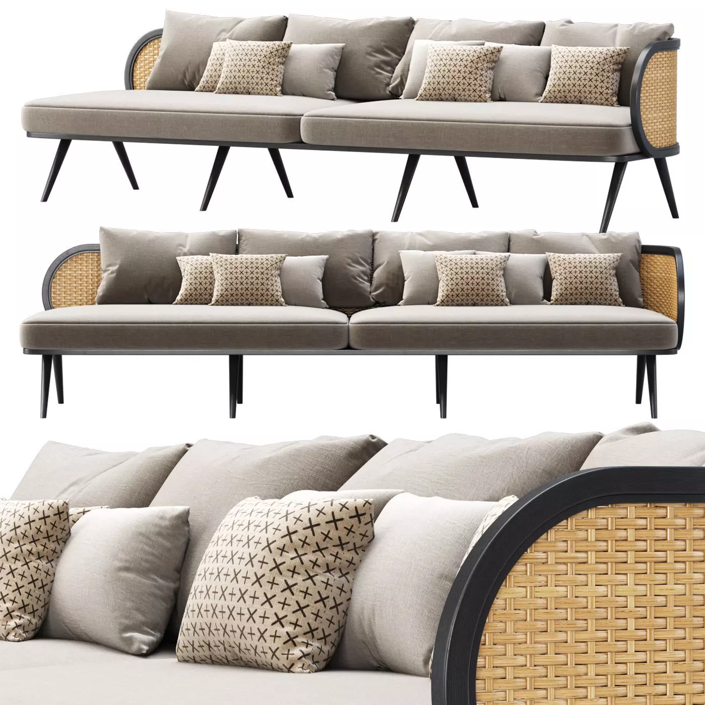 Victoria wooden rattan four-seater sofa BA70 3D model