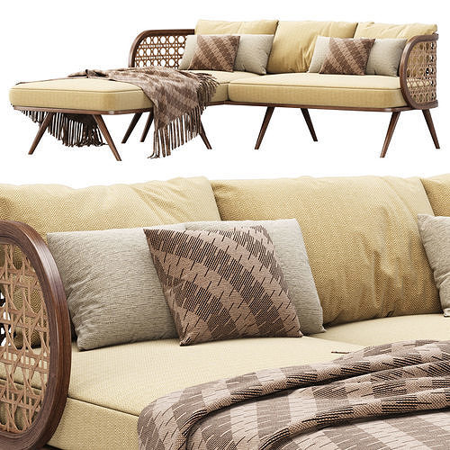 Victoria wooden rattan sofa PS80 with chaise lounge  3D model