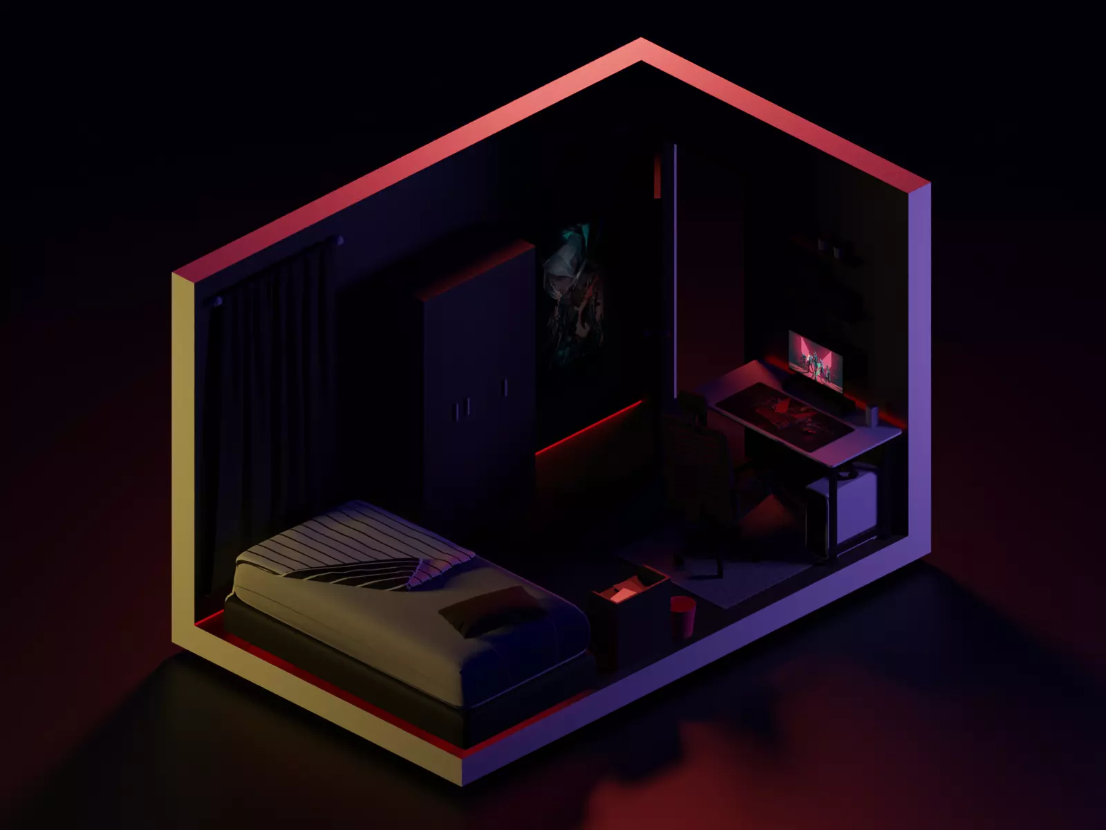 Low Poly Isometric - Bedroom Free low-poly 3D model_0