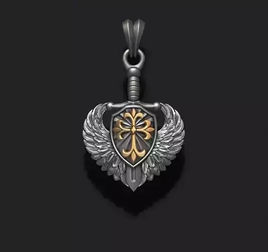 sword shield wings pendant