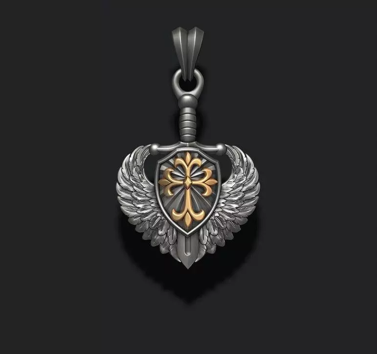 sword shield wings pendant 3D print model_0