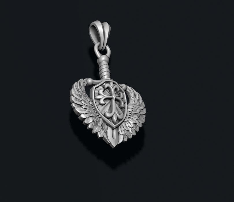 sword shield wings pendant 3D print model_5
