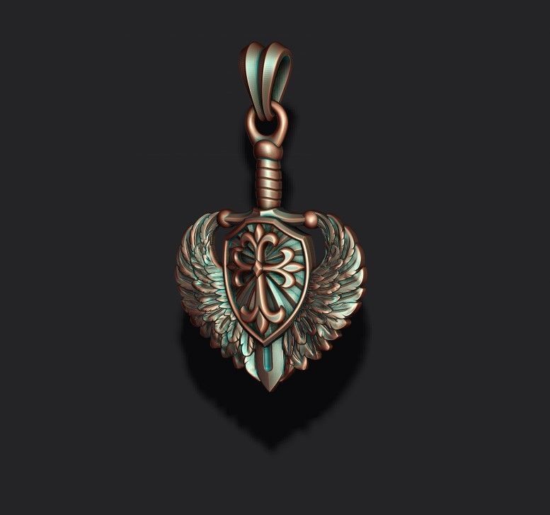 sword shield wings pendant 3D print model_8
