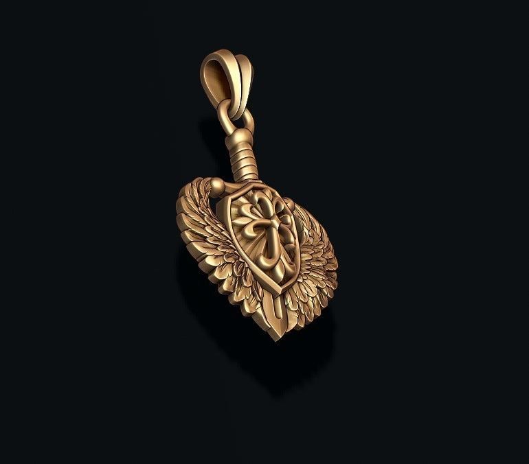 sword shield wings pendant 3D print model_7