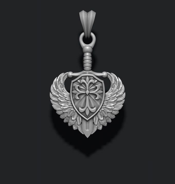 sword shield wings pendant 3D print model_4