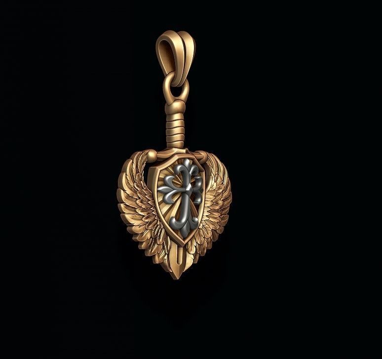 sword shield wings pendant 3D print model_2