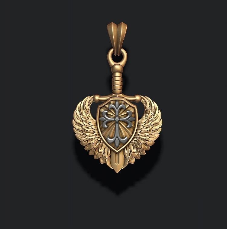 sword shield wings pendant 3D print model_1