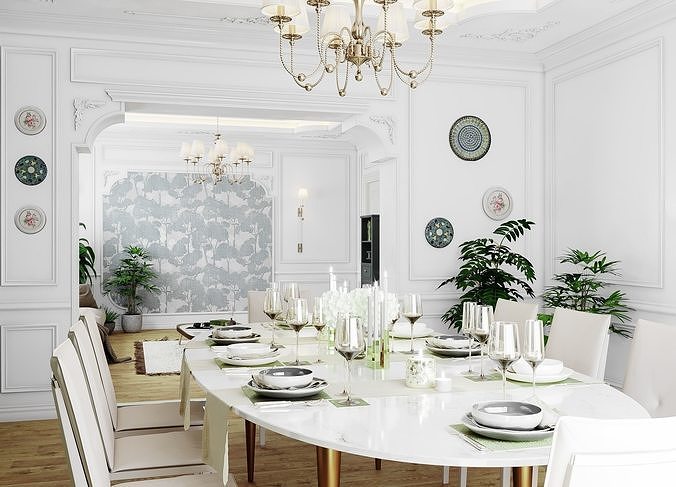 Neoclassical interior Living and kitchen room 3D model 6