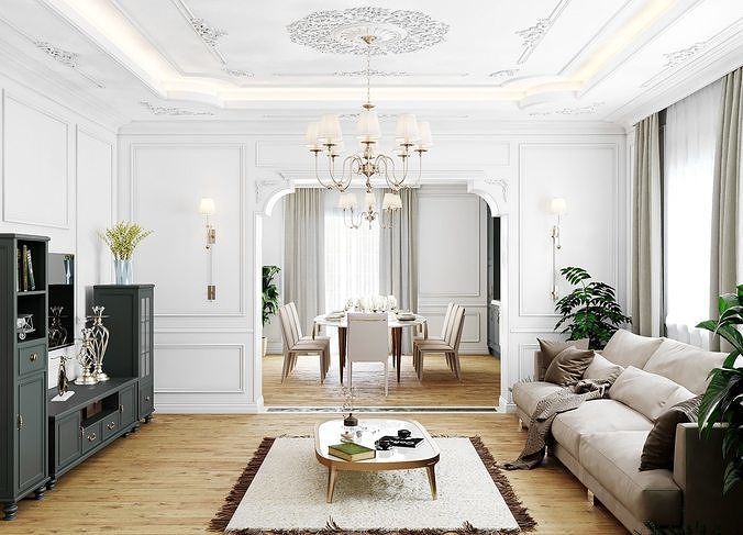 Neoclassical interior Living and kitchen room 3D model 7