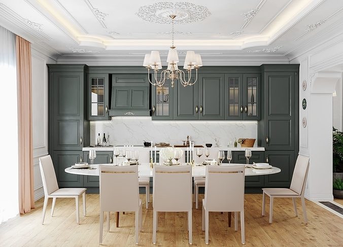 Neoclassical interior Living and kitchen room 3D model 3
