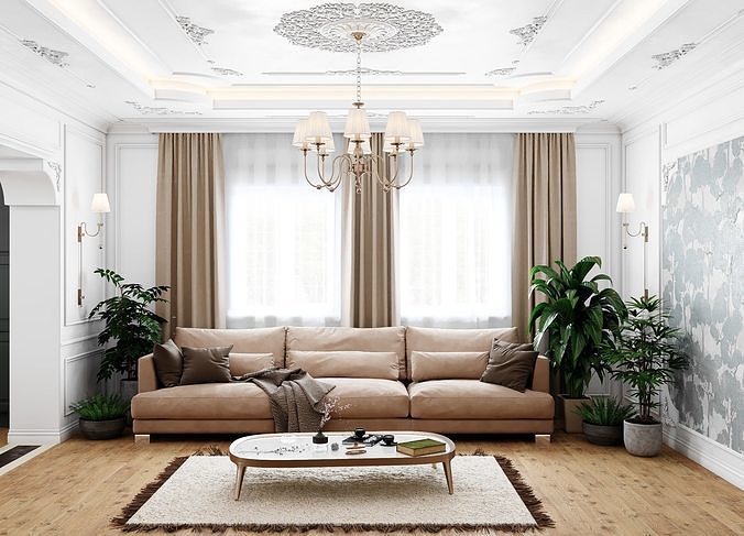Neoclassical interior Living and kitchen room 3D model 5