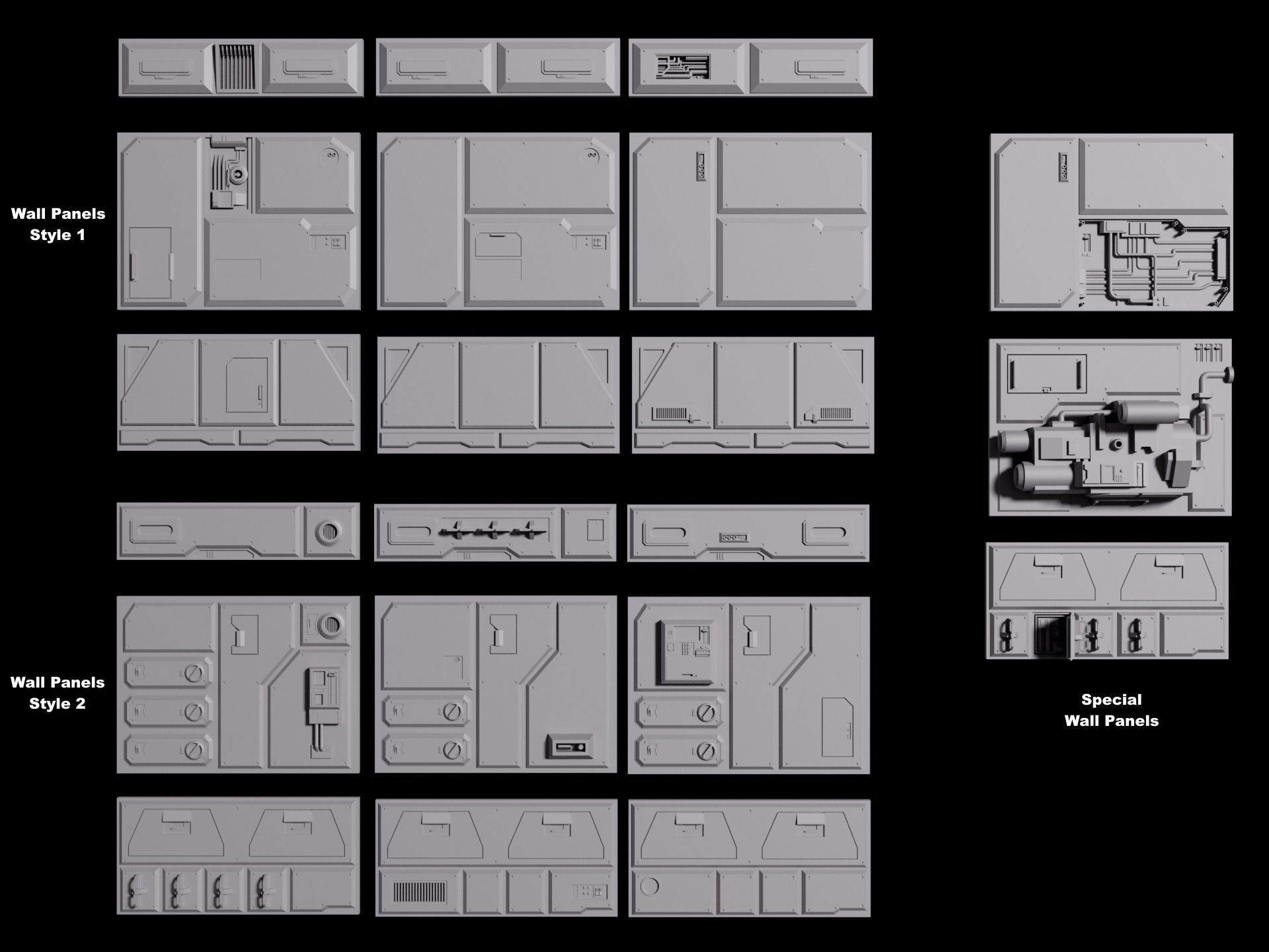 Sci-Fi Wall Panels Kit  - 21 Parts - Props 3D model_1