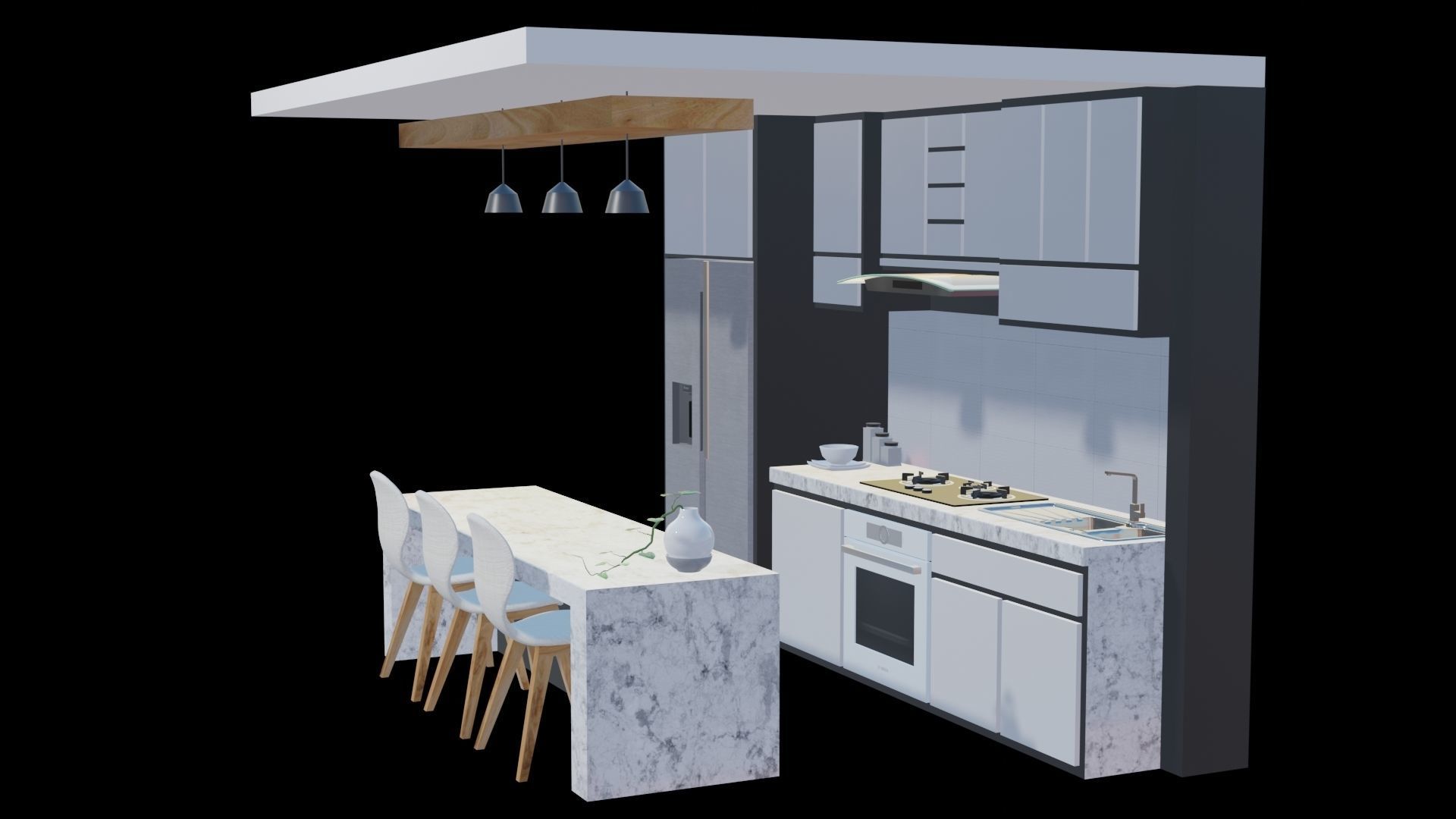 white modern design kitchen with lights - blender eevee Low-poly 3D model_2