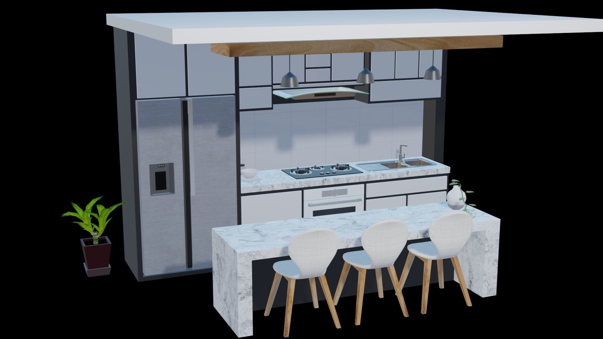 white modern design kitchen with lights - blender eevee Low-poly 3D model_4