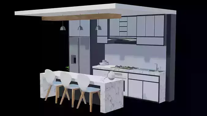white modern design kitchen with lights - blender eevee Low-poly 3D model white modern design kitchen with lights - blender eevee Low-poly 3D model