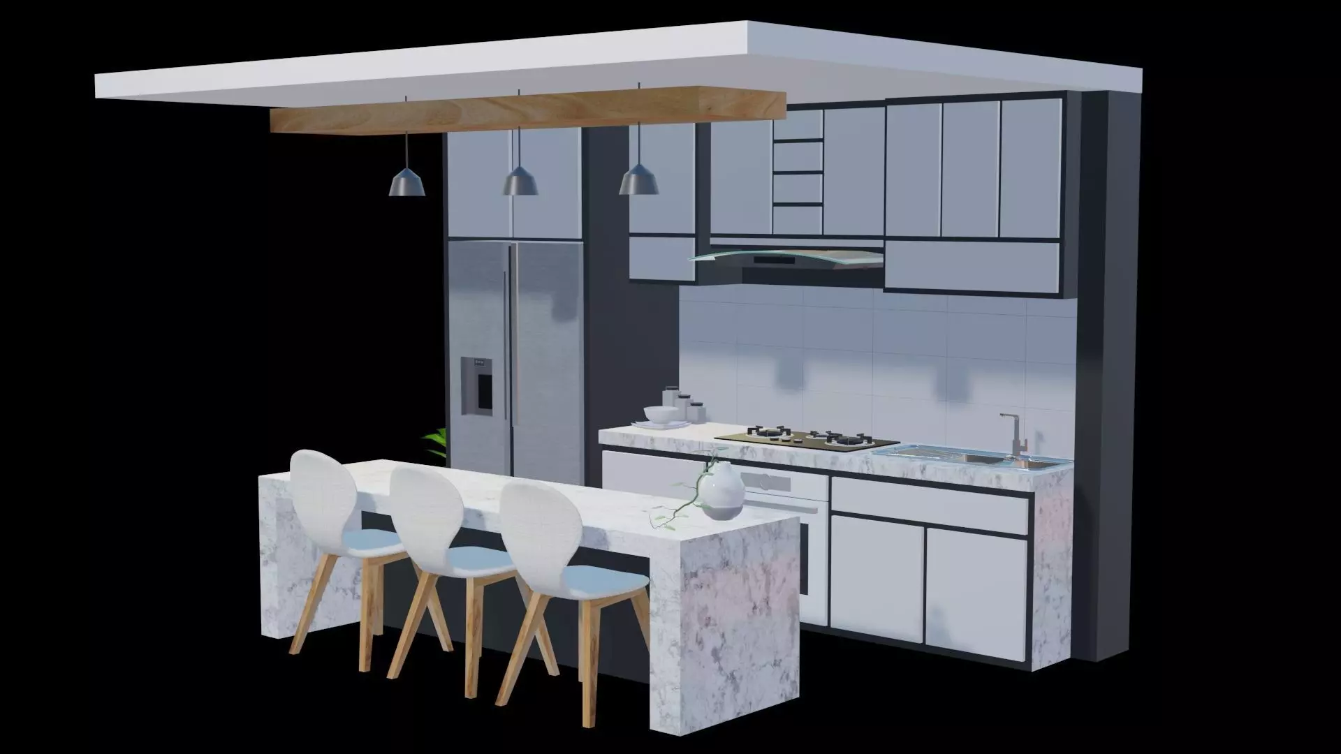 white modern design kitchen with lights - blender eevee Low-poly 3D model_0