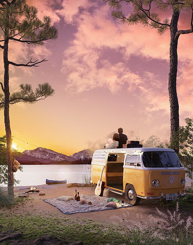 Retro Volkswagen camping van model with scenery  3D model