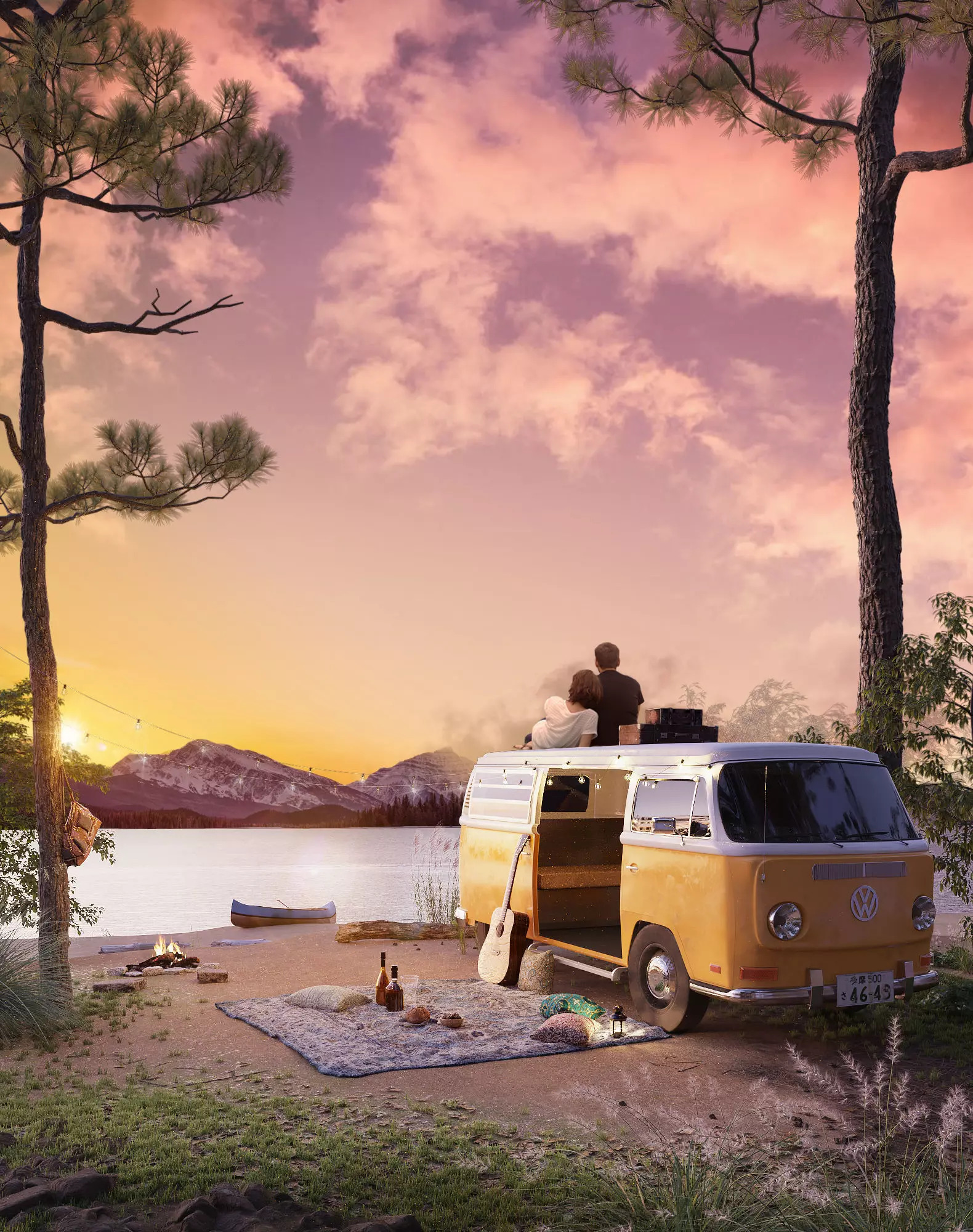 Retro Volkswagen camping van model with scenery 3D model