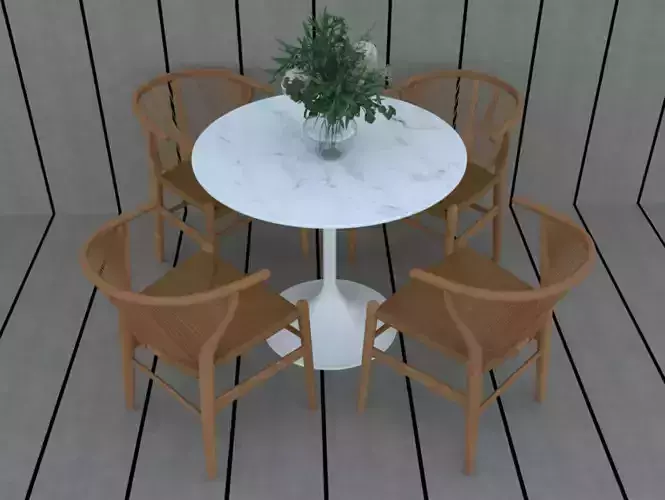 Dining Set 3D model four chairs and table on wooden deck