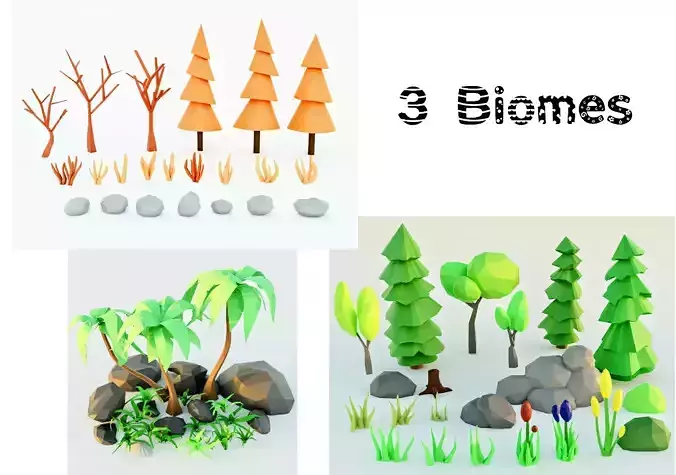 low poly seasonal trees plants and rocks of different biomes Free low-poly 3D model
