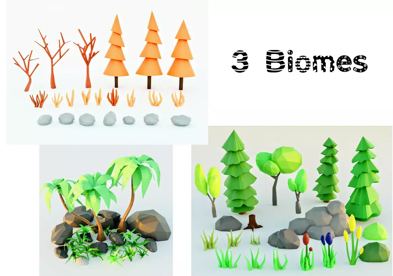 low poly seasonal trees plants and rocks of different biomes Free low-poly 3D model_0