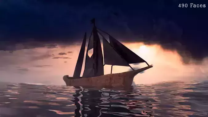 Realistic PBR low poly Brig Low-poly 3d model sailboat in oce... Low-poly 3D model