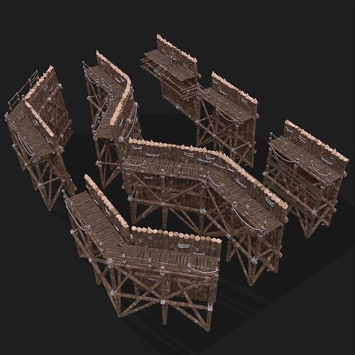 Medieval Style Guarded Modular Walls Low-poly 3D model 4