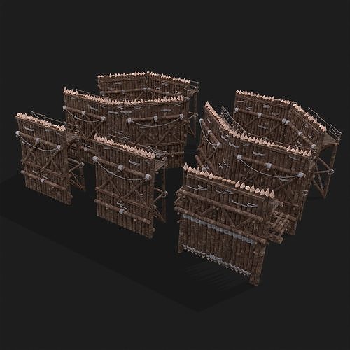 Medieval Style Guarded Modular Walls Low-poly 3D model 2