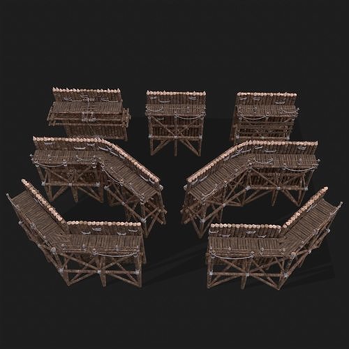 Medieval Style Guarded Modular Walls Low-poly 3D model 3