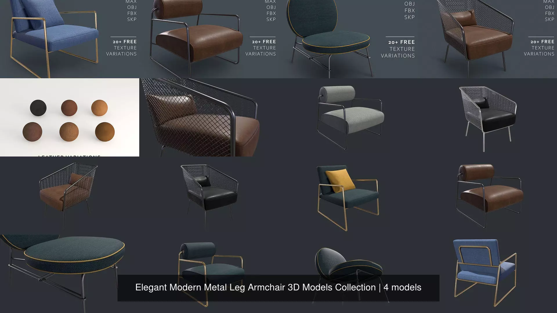 Elegant Modern Metal Leg Armchair 3D Models Collection _0