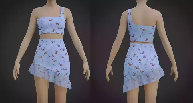 Ruffle Asymmetrical Miniskirt Dress- 2 Piece Floral Outfit Low-poly 3D model