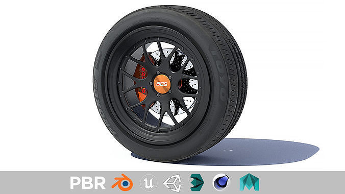 sports car wheel with rim tire and brakes 3D model