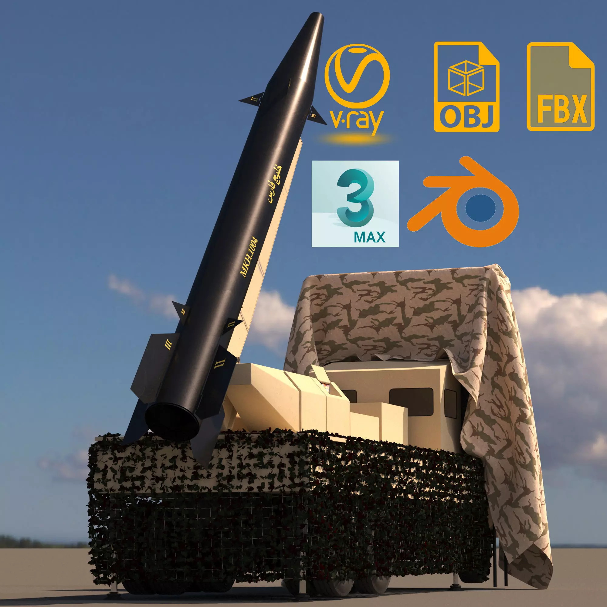 Missile Khalij Fars and Missile launch pad 3D model