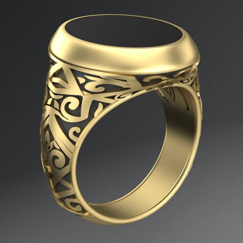 stylish mens ring with a pattern and a black stone 3D print model_5
