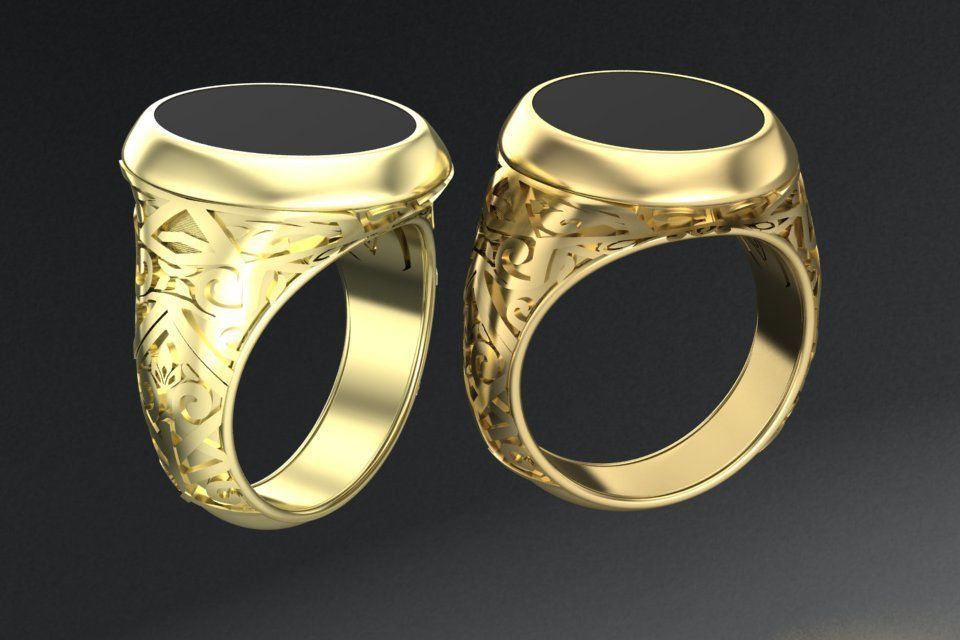 stylish mens ring with a pattern and a black stone 3D print model_3