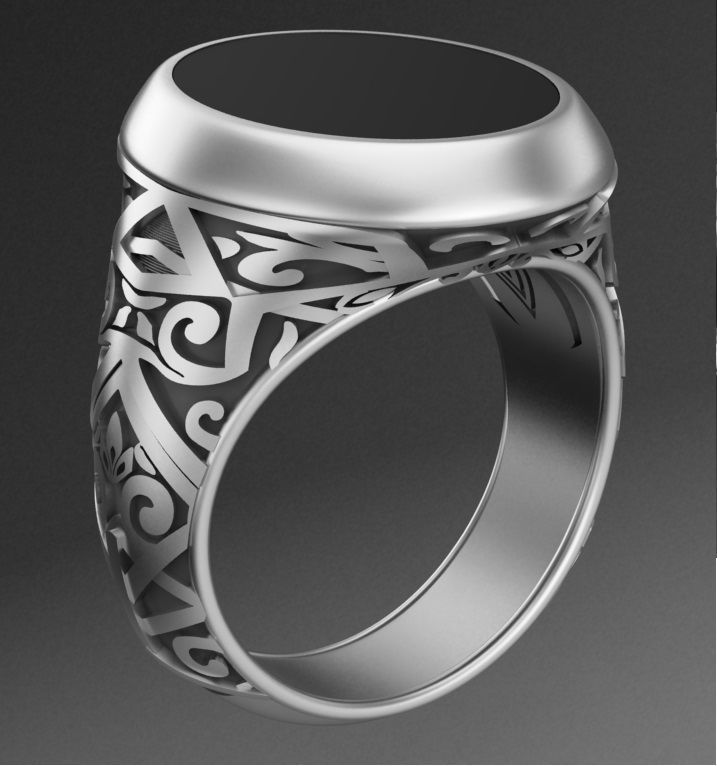 stylish mens ring with a pattern and a black stone 3D print model_1