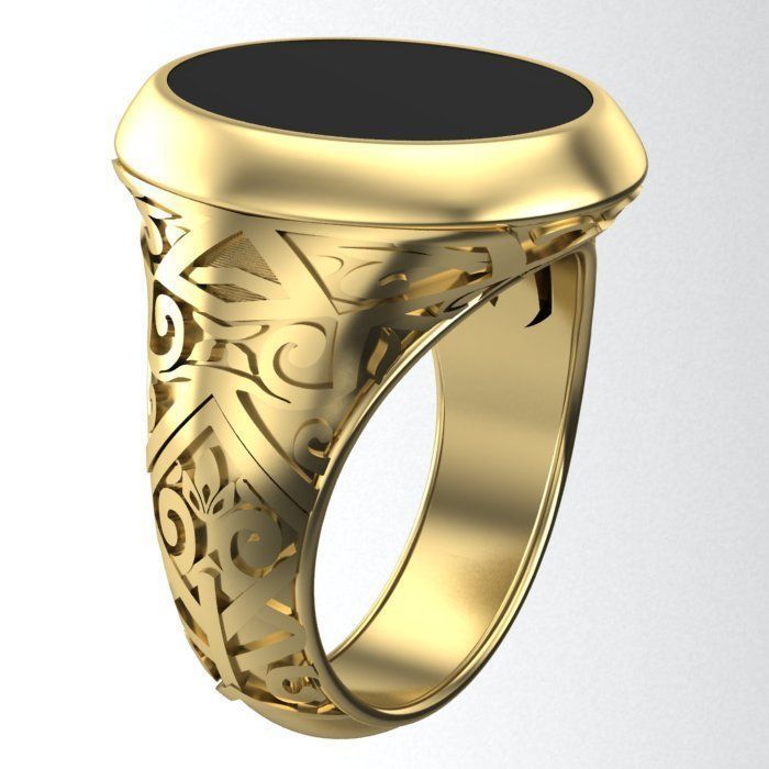 stylish mens ring with a pattern and a black stone 3D print model_12