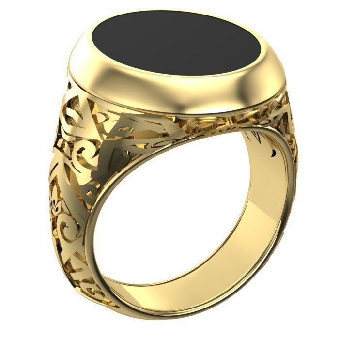 stylish mens ring with a pattern and a black stone 3D print model_11