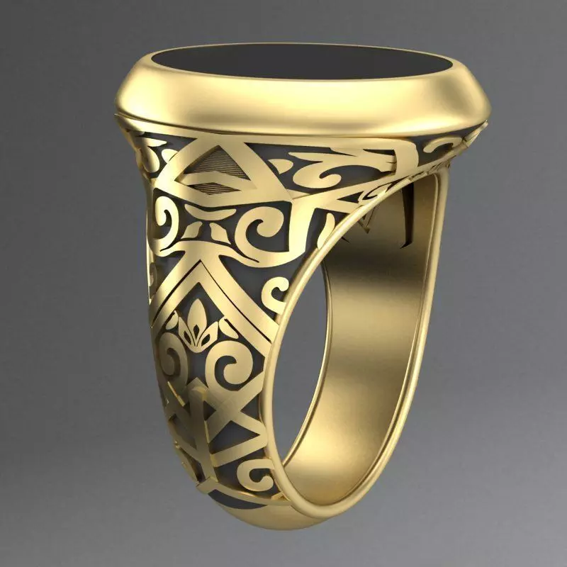 stylish mens ring with a pattern and a black stone 3D print model_0