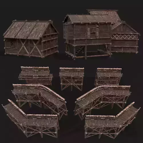 Medieval Modular Houses and Guarded Walls  3D Model Collection