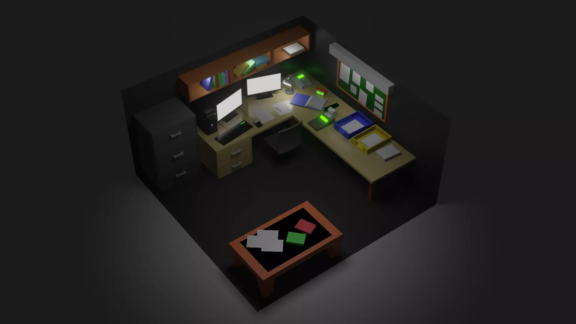 Office 3D model Low Poly room with desk and computer Low-poly 3D model_0