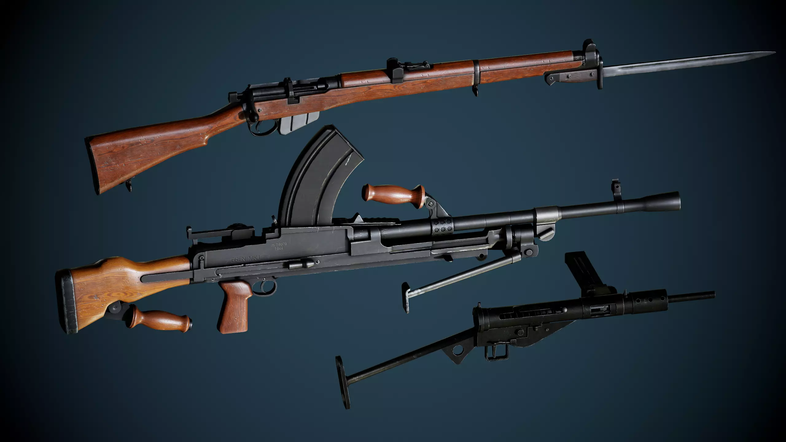 British WW2 Weapons pack - Lee Enfield - STEN - BREN machine gun Low-poly 3D model_0