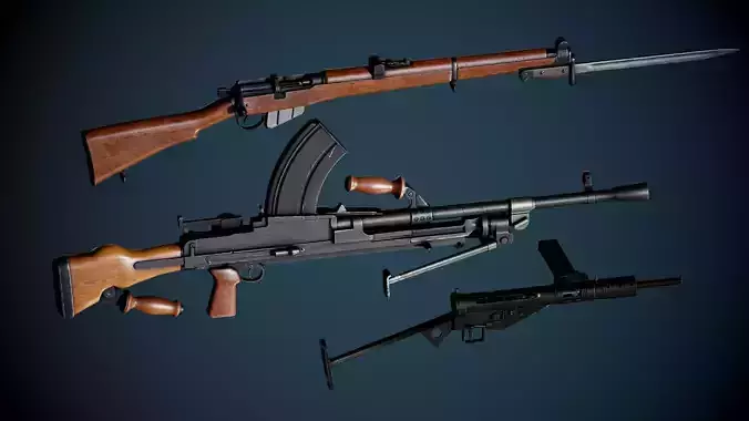 British WW2 Weapons pack - Lee Enfield - STEN - BREN machine gun
