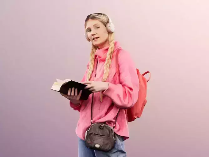 Kate 11862 - Casual Student With Backpack Reading and Walking 