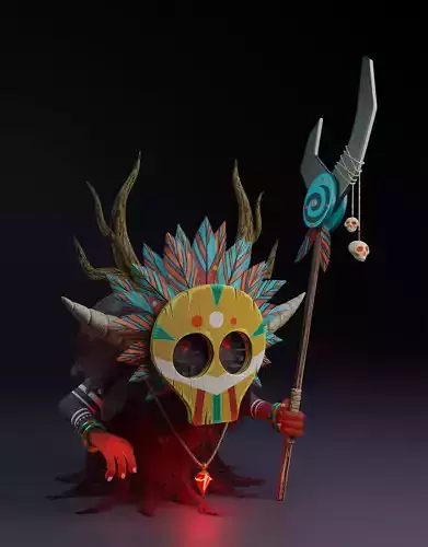 Shaman 3D model demon with horns and spear