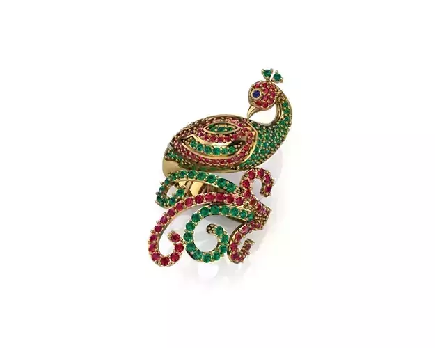 Peacock emerald ruby ring