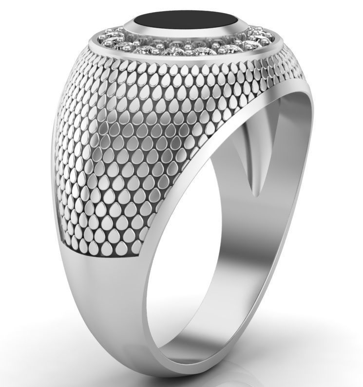 stylish mens signet ring with a pattern and a black stone 3D print model_1