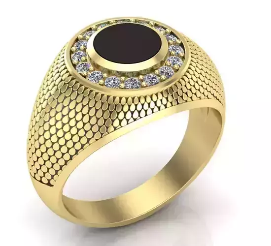 stylish mens signet ring with a pattern and a black stone 3D print model